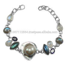 Natural Blister Pearl Iolite Labradorite & Rainbow Moonstone Gemstone with 925 Sterling Silver Bracelet